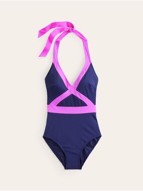 Boden Kefalonia Halterneck Navy One-Piece Swimsuit with Pink Sz 10